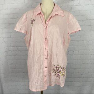 Vintage Y2K Fashion Bug Size 18 20 Pink Floral Embroidered Cap Sleeve Shirt